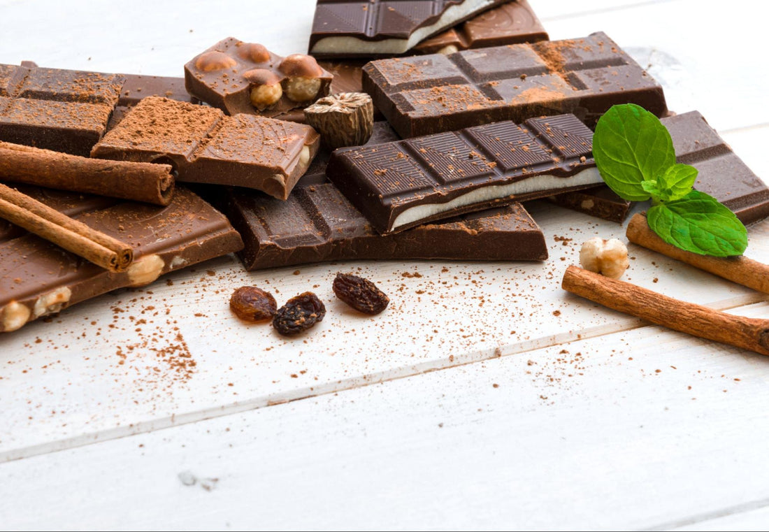 Various chocolate bars sprinkled with chocolate powder neatly arranged on a white table. The display includes cinnamon sticks, assorted nuts, and a fresh mint leaf for a touch of color and flavor.