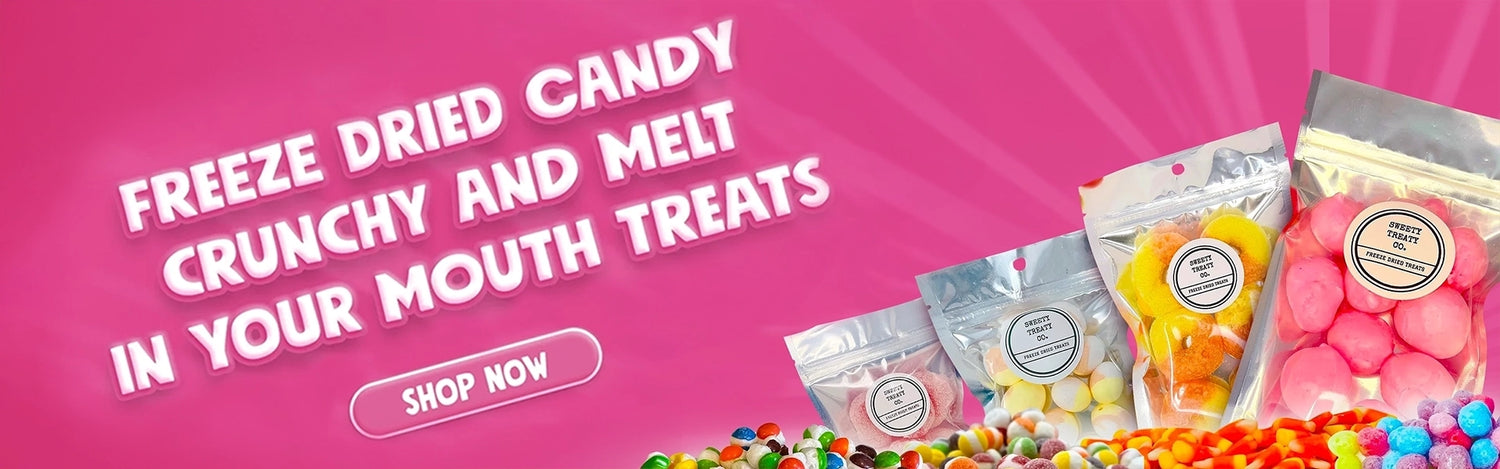 Group of freeze dried candy bags on pink background.