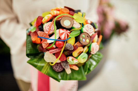 Top-down perspective showcasing the intricate details of a vibrant candy bouquet.