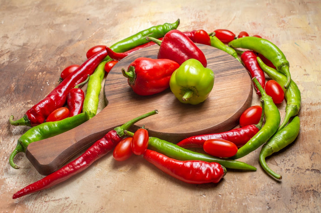 Chilis on a cutting board. 