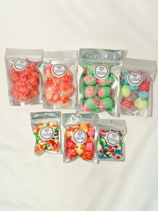 Freeze dired large sample pack showing six candy bags, perfect for snack and sweeth tooth ecperience